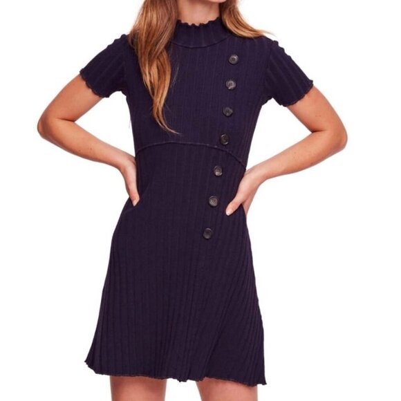 Free People Lottie Rib Dress‎ Button Detail Front Short Sleeve Navy Large NWOT - Picture 1 of 10